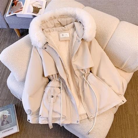 Women Fleece Lined Hooded Puffer Jacket Winter Coat Warm Drawstring ...