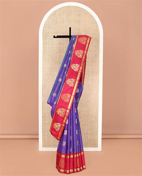 Violet Kanchipuram Silk Saree, Enthralled with Mayil Buttas on Its Bod