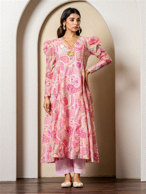 Pink Printed Chanderi Embroidered Suit - Set of 3