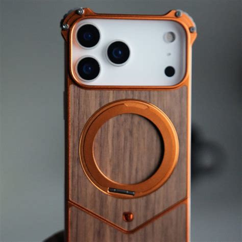 iPhone 17 Series Premium Orange Wooden Aluminium Metal Snap On Rotatin