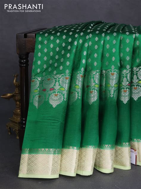 Banarasi poona silk saree green and pista green with allover silver za ...