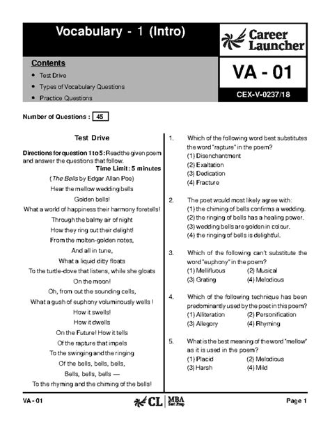 VA-01 Vocabulary 1 Test Drive with Solutions and Practice Questions ...