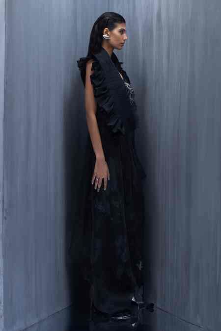 Buy Black Organza Noir Symphony Ruffle Pleated Cape Pant Set For Women ...