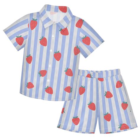 Blue Striped Strawberry Pattern Boys' Hawaiian Shorts Sets Button Down ...