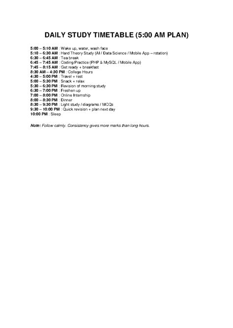 Daily Study Timetable (5AM Plan) for Effective Learning - Studocu