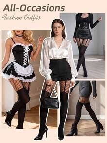 1 Pair Women's Black Patchwork Hollow Fishnet Tights, Personalized ...
