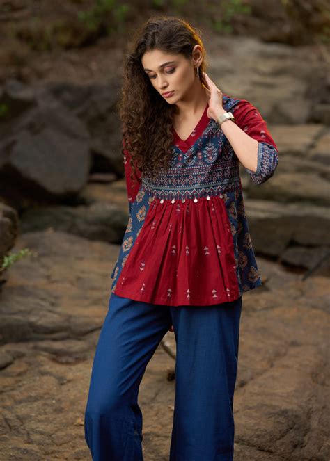 Maroon & navy blue block printed top with coin work - Pant Optional ...
