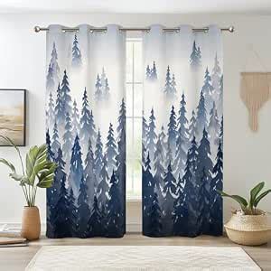 Buy Renaiss Gray Blue Forest Blackout Curtains, Pine Mountain Forest ...