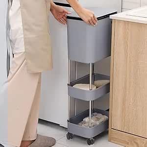 Lukzer 3-Tier Slim Garbage Can with Wheels & Storage Shelf Multi ...