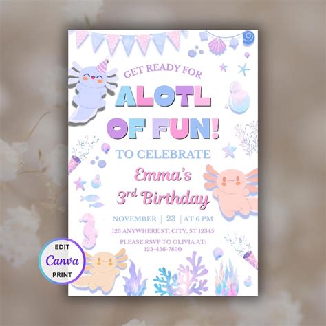 Axolotl Birthday Invitation Girl, Watercolor Axolotl Happy Birthday ...