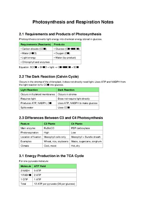 Photosynthesis and Respiration Notes: Requirements, Reactions, and ...