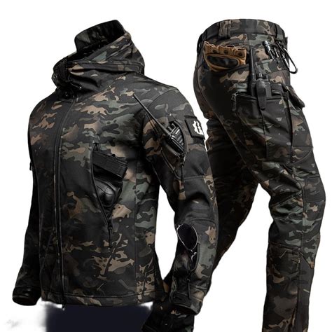 Men's Tactical Softshell Jacket Trousers Set Fleece Lined Waterproof ...