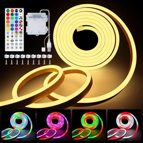 10FT Neon Rope Light Battery Operated, RGB &Warm White Cuttable Lights ...