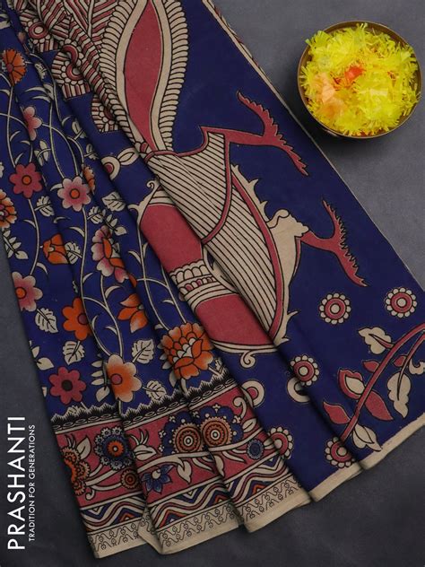 Kalamkari cotton saree blue and maroon with allover prints and printed ...
