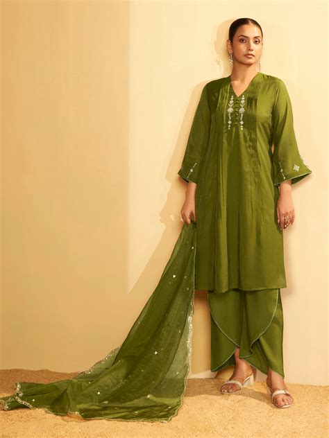 Olive Green Embroidered Suit Set with Dupatta – TRULY SMA