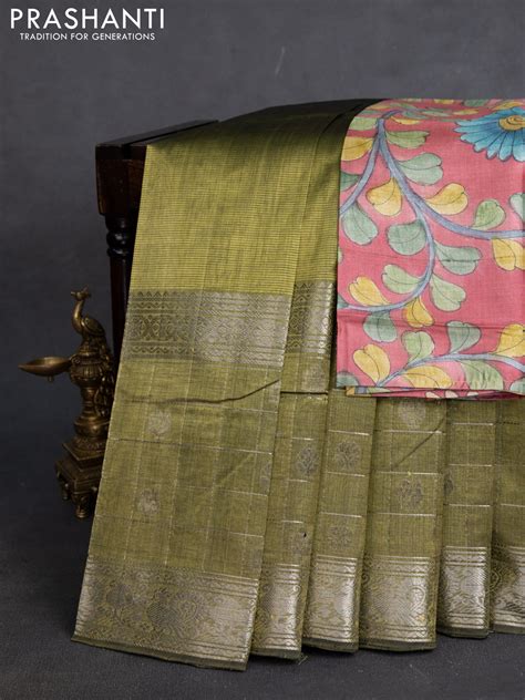 Mangalgiri silk cotton saree sap green with allover silver zari checks ...