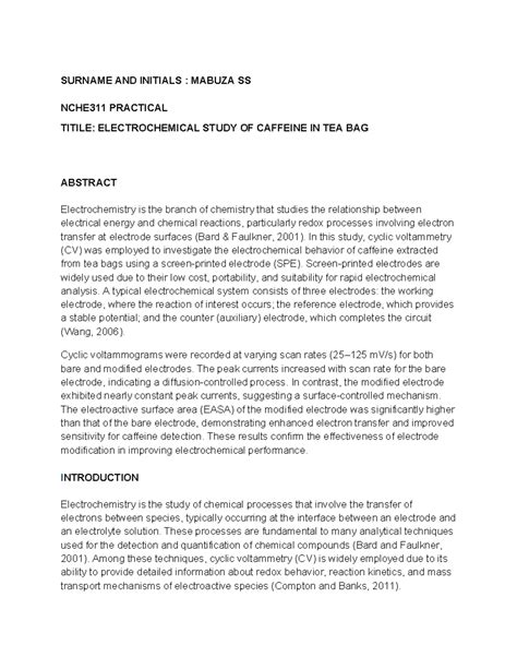 Electrochemical Study of Caffeine in Tea Bags - NCHE311 Practical 4 ...