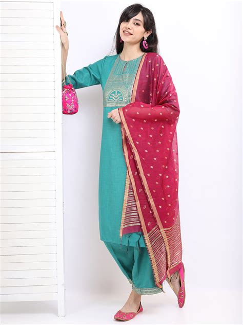 Vishudh Women Sea Green Ethnic Motifs Printed Kurta with Palazzos & Wi ...