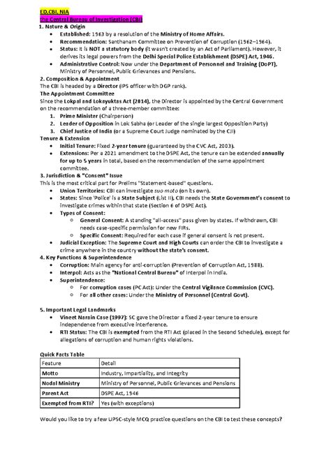 ED1 - Summary of CBI, ED, and NIA Functions and Legal Framework - Studocu