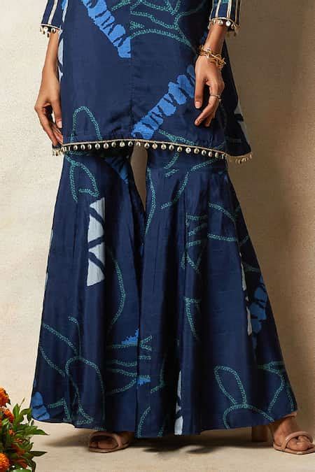 Buy Blue Silk Zari, Embroidery Round Neck Abstract Print Kurta And ...