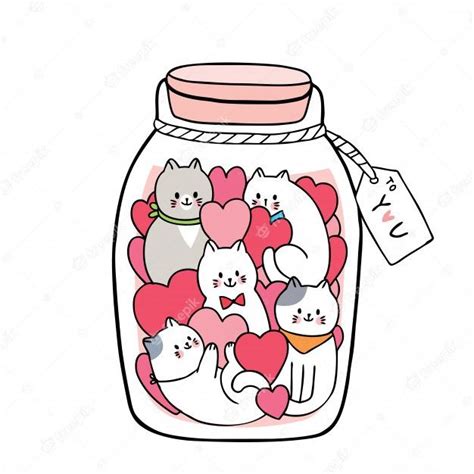 Premium Vector Cartoon Cute Valentines Day White Cats And Many Hearts In Glass Bottle