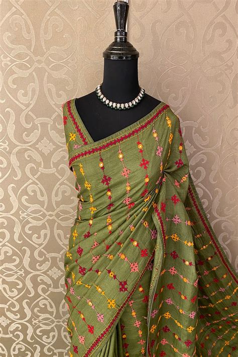 Pickle Green Tussar Lambani Embroidery Saree, With Unstitched Blouse ...