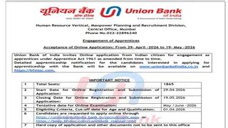 UBI Apprentice Recruitment 2026: यूनियन बैंक में अप्रेंटिस के 1865 पदों ...