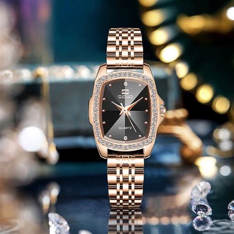 Ladies Fashion Watch Rose Gold, Tonneau Case Crystal Bezel Black Dial ...