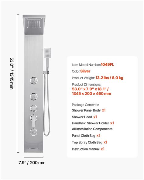 VEVOR Shower Panel Tower System Stainless Steel Column Rainfall Head ...