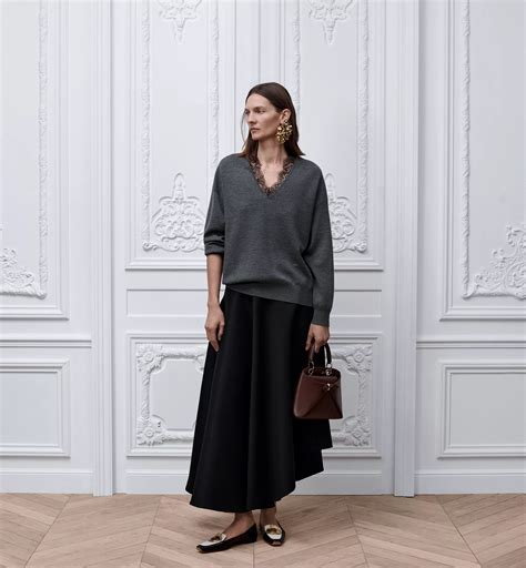 Sweater Gray Virgin Wool-Blend Knit and Black Lace | DIOR