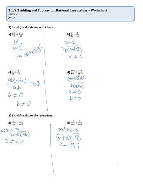 Adding and Subtracting Rational Expressions Worksheet MCR3U - Studocu