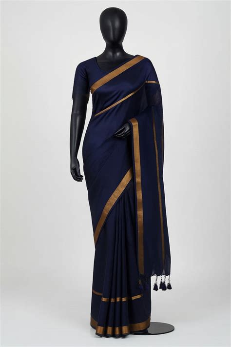 Navy Blue Double Zari Mul Cotton | Arunique – Arunique Fashions