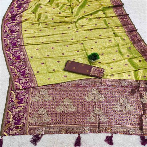 Parrot Green Silk Blend Saree Featuring Elegant Floral Weaving Work