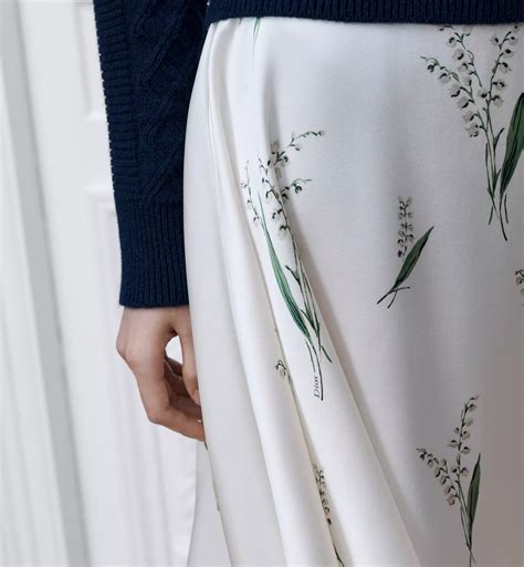 Mid-Length Flared Skirt White Silk Crepe with Green Lily of the Valley ...