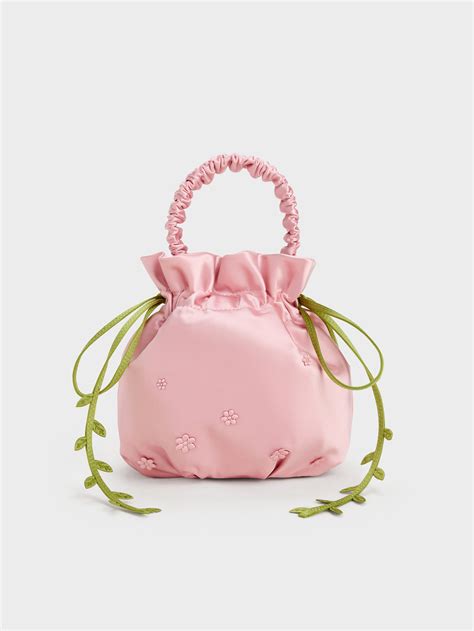 Pink Mabel Satin Floral-Vine Bucket Bag - Pink - CHARLES & KEITH IN