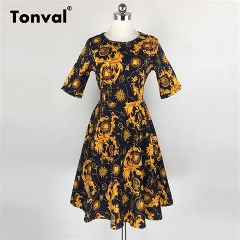 Tonval Half Sleeve Vintage Tunic Dress Women Gorgeous Floral Retro