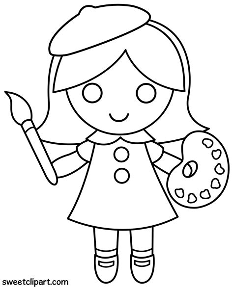 Little Artist Girl Coloring Page Free Clip Art