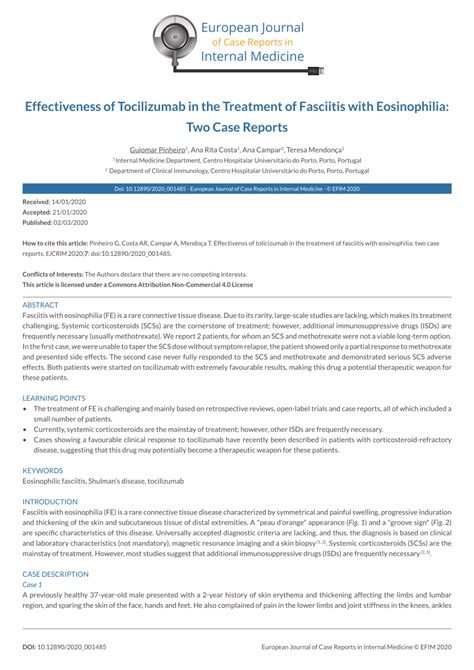 Pdf Effectiveness Of Tocilizumab In The Treatment Of Fasciitis With