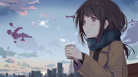 1920x1080 Anime Girl Holding Tea Outside Laptop Full Hd