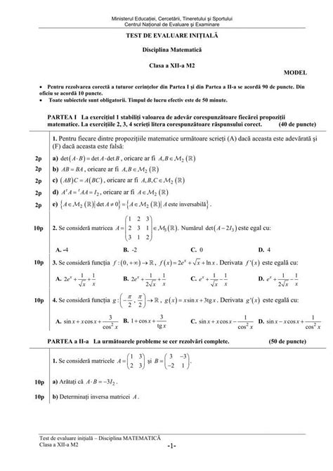 Clasa A Xii A Teste Initiale La Matematica M1 M2 Cu Rezolvari An