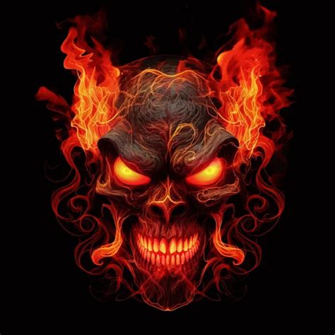 Devil Skull With Horns And Red Fire Flames Fantasy Monster Head Of