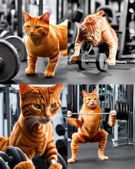 Krea A Muscular Ginger Cat At The Gym Lifting Weights Photorealistic