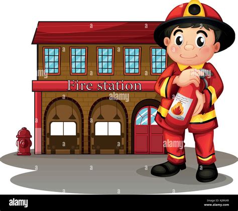 Illustration Of A Fireman In Front Of A Fire Station Holding A Fire