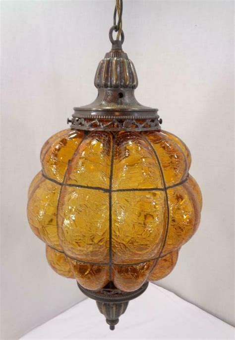 Vtg Mid Century Amber Crackle Bubble Glass Swag Light Ceiling Hanging