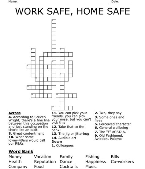 Work Safe Home Safe Crossword Wordmint