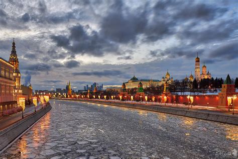 Panorama Of Icy Moskva River And Moscow Kremlin In Winter Twilight