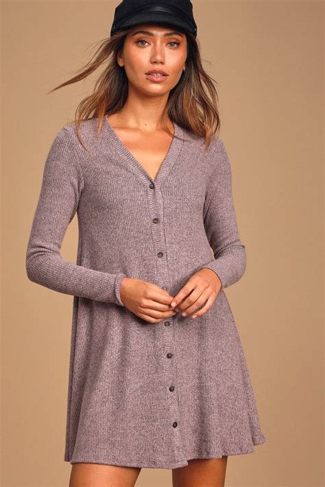 Sweet Comfort Heather Lavender Button Front Sweater Dress Winter Dress Outfits Fuzzy Sweater