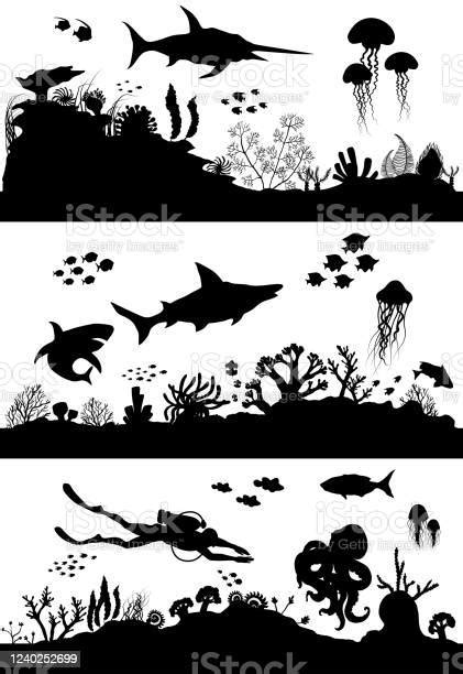 Silhouette Of Hand Drawn Sea Coral Reef Oceanic Animal Set Stock