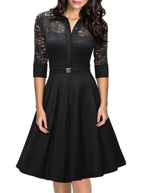 Vintage 1950s Style 34 Sleeve Black Lace Flare A Line Dress Cute Dresses