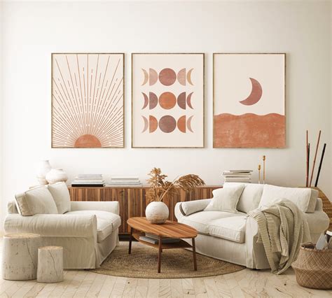 Sun And Moon Print Set Of 3 Terracotta Mid Century Modern Etsy